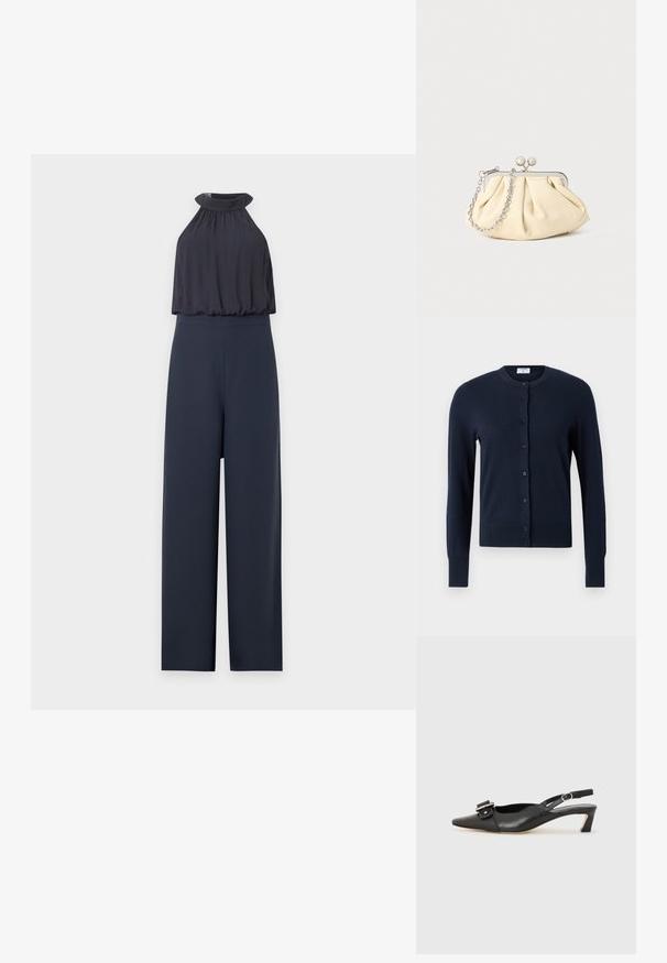 Mono azul marino con cuello halter sin mangas y pantalones de pierna ancha, con parte superior fruncida y holgada y cintura ajustada.; Filippa K CARDIGAN - Chaqueta de punto - navy; Zapato slingback de cuero negro con punta afilada, tacón pequeño y detalle de hebilla decorativa en la parte superior. Textura suave, diseño minimalista.; Clutch de cuero beige plisado con un marco de metal plateado, que cuenta con dos broches decorativos redondos y una correa de cadena plateada.