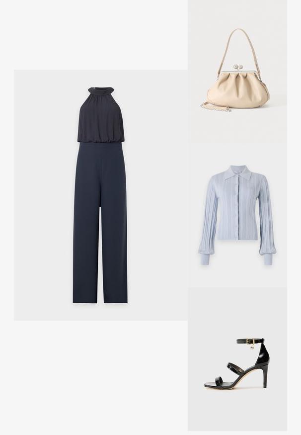 Combinaison bleu marine avec un col halter sans manches et un pantalon à jambes larges, avec un haut froncé, ample et une taille ajustée.; Cardigan bleu clair avec une texture côtelée, fermeture à boutons et col. Comporte des manches longues avec des poignets ajustés.; Sandale en cuir verni noir avec trois brides, boucle de cheville et talon aiguille de 10 cm. Présente un détail en métal doré et un charm logo.; Sac à main en cuir souple beige avec un fermoir en métal argenté, une bandoulière simple et une bandoulière chaîne optionnelle sur fond blanc.