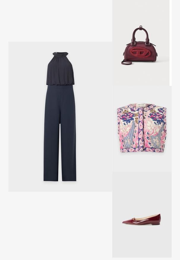 Combinaison bleu marine avec un col halter sans manches et un pantalon à jambes larges, avec un haut froncé, ample et une taille ajustée.; Veste courte sans manches avec texture matelassée, présentant des motifs floraux et rayés dans des tons bleus, roses, blancs et marrons, fermeture frontale à boutons.; Ballerines en cuir verni bordeaux avec un bout pointu, présentant un petit détail découpé et un petit talon. Texture lisse et design épuré.; Petit sac à main bordeaux à forme arrondie, avec double poignée et grand logo ovale rouge texturé sur le devant, sur fond uni.