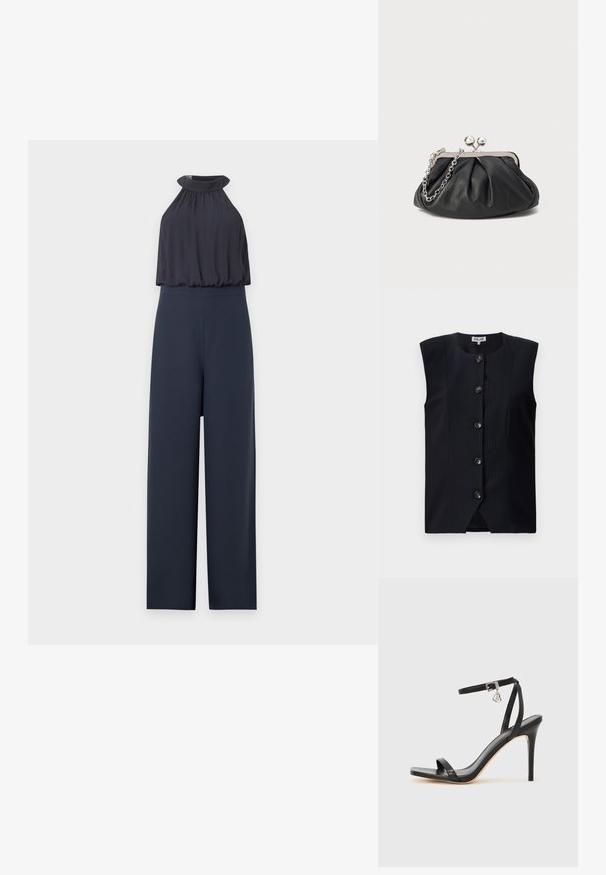 Marineblauer Jumpsuit mit ärmellosem Neckholder und weitem Bein, mit gerafftem, locker sitzendem Oberteil und tailliertem Bund.; Marineblauer ärmelloser Weste mit geradem Schnitt, vertikalen Nadelstreifen und sechs Vorderknöpfen, runder Halslinie und einem leichten Schlitz am Boden.; Schwarze High-Heel-Sandale mit schmalem Knöchelriemen, quadratischer Zehenbox, glattem Leder und metallischem Schnallenakzent.; Schwarze Leder-Clutch mit geraffter Textur, silberfarbener Metallrahmen, Druckverschluss und Kettenriemen. Glatte, weiche Oberfläche.