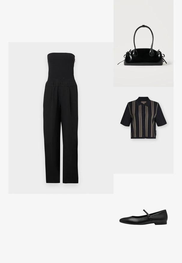 Sort stropløs jumpsuit med tætsiddende overdel og bukser med vide ben vist på en hvid baggrund.; Sort skjorte med korte ærmer, knapper, lodrette olivengrønne striber og krave, strikket tekstur og et mærkeetiket i halsen.; Sorte læder balletflade med rund tå, en enkelt rem over vristen og en lav, rektangulær hæl. Glat tekstur.; Lille sort blank håndtaske med to lange håndtag og snøre-detaljer i siden på en ensfarvet lys baggrund.