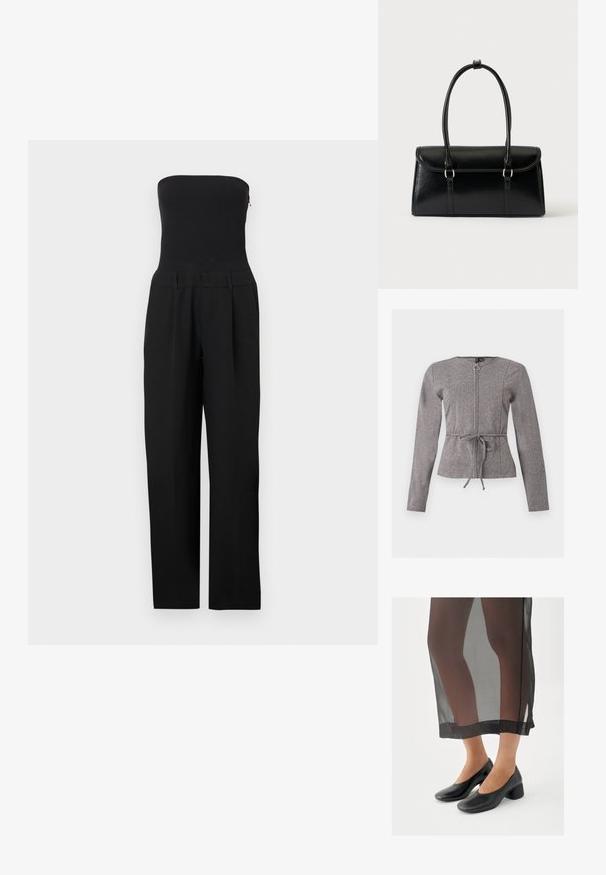 Combinaison noire sans bretelles avec corsage ajusté et pantalon à jambes larges, présentée sur un fond blanc.; Veste grise à manches longues avec fermeture éclair frontale et lien à la taille, présentant un motif chevron discret et un col rond.; Chaussures noires à talons blocs avec une finition en cuir lisse, portées avec une jupe noire transparente à ourlet net et design minimaliste.; Sac à main rectangulaire en cuir noir avec fermeture à rabat et deux longues anses sur fond blanc uni.