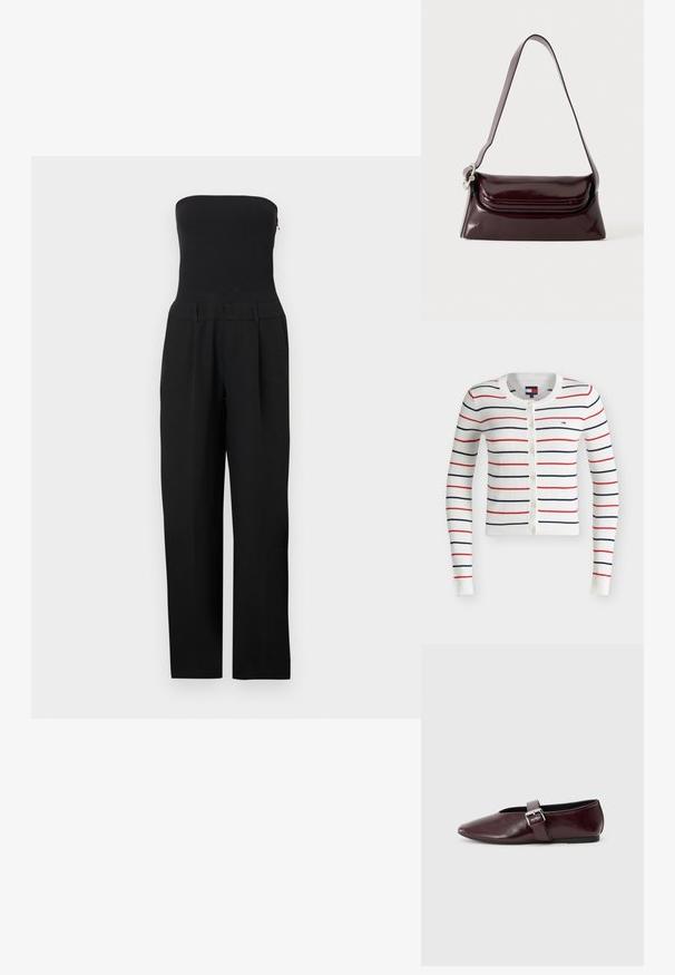 Sort stropløs jumpsuit med tætsiddende overdel og bukser med vide ben vist på en hvid baggrund.; Hvid cardigan med knapper og lange ærmer med horisontale røde og marineblå striber samt et lille broderet logo på venstre bryst.; Bordeaux læder ballerina sko med spidse tæer, flad sål og en dekorativ spænde-strop over vristen. Glat, blank tekstur.; Mørk bordeaux skuldertaske i læder med klaplukning og en tynd justerbar rem, vist på en ensfarvet lys baggrund.