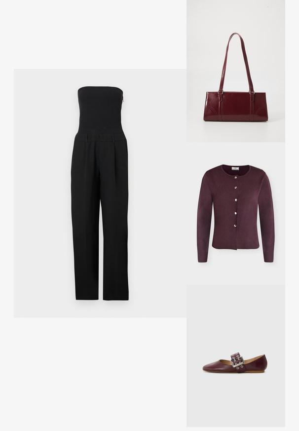 Zwarte strapless jumpsuit met nauwsluitend lijfje en wijde pijpen, gepresenteerd op een witte achtergrond.; Donkerpaarse cardigan met lange mouwen, een ronde hals en zes zilveren drukknoopjes aan de voorkant.; Bordeaux leren balletflat met puntige neus, brede band met een zilveren gesp en meerdere gaten, platte zool, gladde textuur.; Bourgondische handtas van glanzend materiaal, rechthoekige vorm, met twee schouderbanden en subtiele gebogen accenten aan de voorkant.