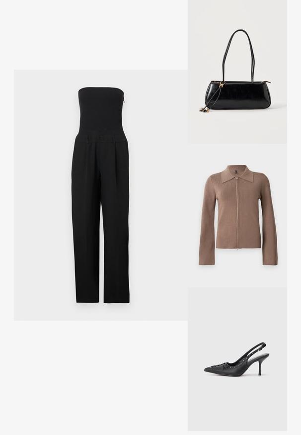 Mono negro sin tirantes con corsé ajustado y pantalones de pierna ancha, mostrado sobre un fondo blanco.; Cárdigan marrón de cremallera con cuello, mangas largas, textura acanalada y silueta ajustada. Diseño minimalista, sin marcas ni patrones visibles.; Sandal de tacón stiletto negro de cuero con punta afilada, correa lateral con hebilla, tachuelas a lo largo del borde y cordones decorativos en la parte delantera.; Bolso rectangular negro con dos tirantes largos, detalle de anilla dorada y cierre de cremallera sobre un fondo liso claro.
