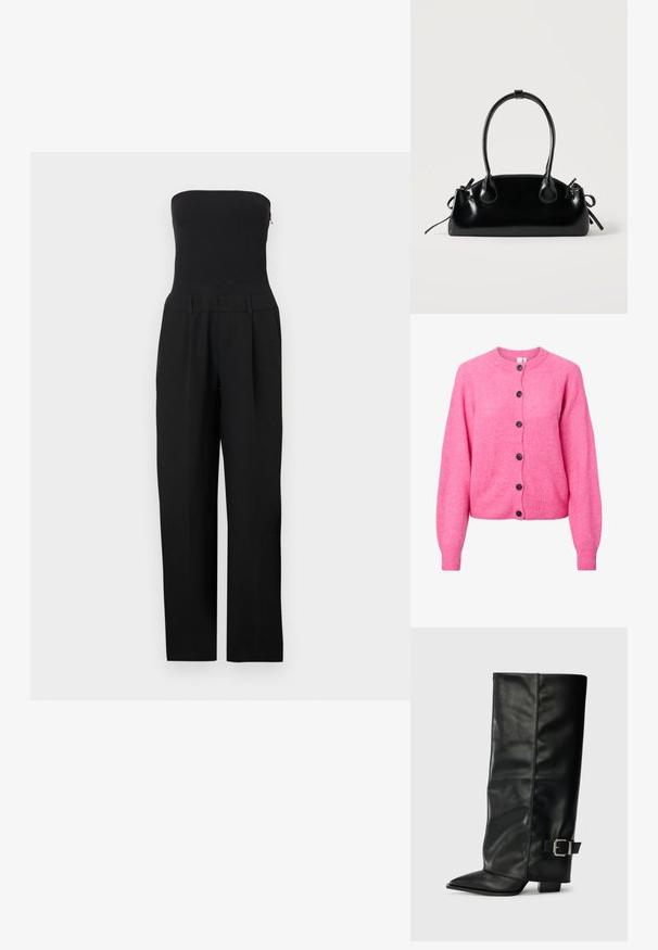 Mono negro sin tirantes con corsé ajustado y pantalones de pierna ancha, mostrado sobre un fondo blanco.; Suéter de punto de color rosa brillante con mangas largas, cuello redondo, puños y dobladillo acanalados, y seis botones oscuros en la parte delantera.; Botas de cuero negro hasta el tobillo con punta afilada, textura suave y un detalle de hebilla plateada en el lado. Tacón cuadrado grueso.; Pequeño bolso negro brillante con dos asas largas y detalles de cordón lateral sobre un fondo claro liso.