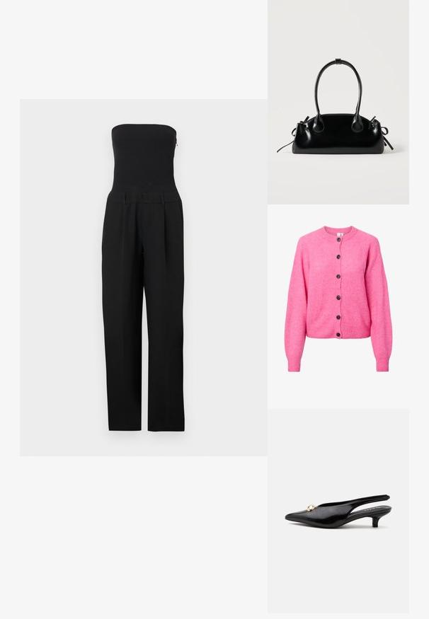 Schwarzer trägerloser Overall mit tailliertem Oberteil und weitem Hosenbein auf weißem Hintergrund dargestellt.; Heller rosa gestrickter Cardigan mit langen Ärmeln, rundem Hals, gerippten Bündchen und Saum sowie sechs dunklen Knöpfen auf der Vorderseite.; Schwarzer Slingback aus Lackleder mit kleinem Absatz, spitzer Zehenpartie und kleinem goldrundem Schmuck oben.; Kleine schwarze glänzende Handtasche mit zwei langen Griffen und seitlichen Kordelzug-Details vor einfachem hellem Hintergrund.