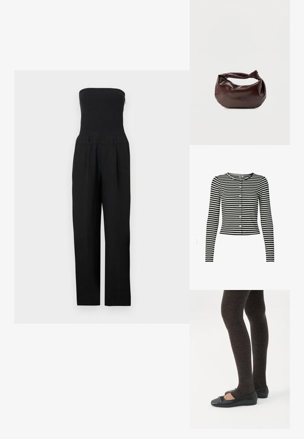 Combinaison noire sans bretelles avec corsage ajusté et pantalon à jambes larges, présentée sur un fond blanc.; Cardigan court à manches longues rayé horizontal noir et blanc avec encolure ronde et fermeture boutonnée à l’avant.; Jambes portant des leggings côtelés foncés associés à des ballerines noires avec de petits détails en nœud sur fond blanc.; Sac bandoulière en cuir marron foncé avec une forme souple et décontractée et une anse nouée torsadée sur un fond blanc uni.