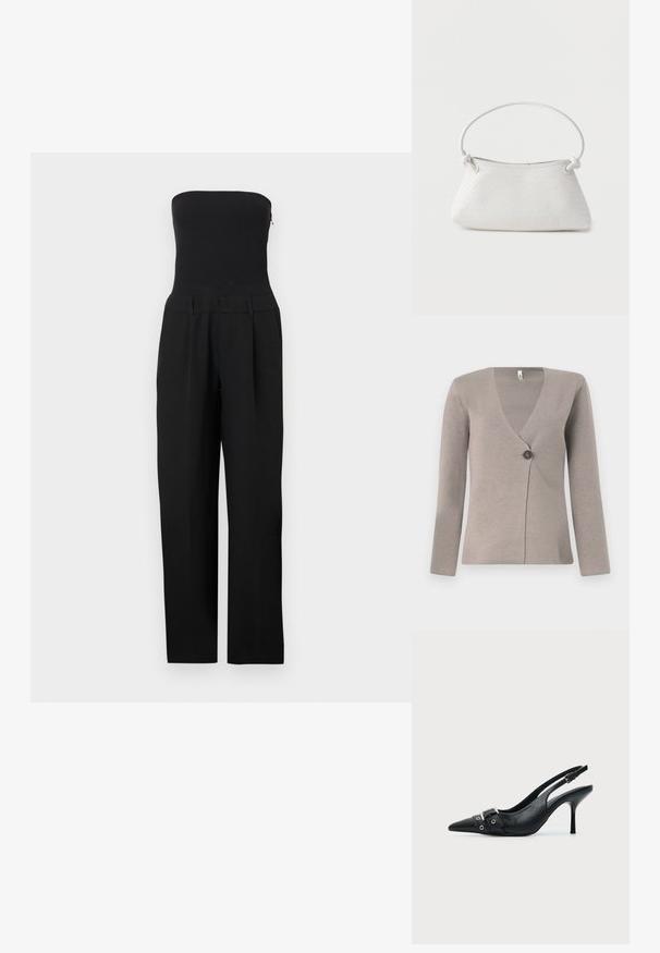 Zwarte strapless jumpsuit met nauwsluitend lijfje en wijde pijpen, gepresenteerd op een witte achtergrond.; Lichtgrijze cardigan met lange mouwen, V-hals en een enkele donkere knop aan de voorkant, gemaakt van een gestructureerd breiwerk.; Zwarte leren pumps met hoge hak en slingback, met een puntige neus en een gesp- en oogjesriem detail aan de voorkant.; Witte handtas van gevlochten leer met een afgeronde handgreep en uiteinden van de band die geknoopt zijn, afgebeeld tegen een effen achtergrond.
