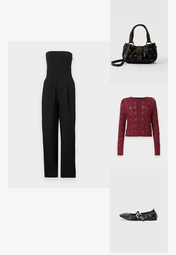Zwarte strapless jumpsuit met nauwsluitend lijfje en wijde pijpen, gepresenteerd op een witte achtergrond.; Bordeaux gebreide cardigan met een gestructureerd open steekpatroon, met een ronde halslijn en knoopsluiting aan de voorkant.; Zwarte leren platte schoen met een spitse neus, geplooide details rond de opening en een zilveren gespaccentueerde verstelbare band.; Zwarte leren handtas met gouden gesp en klinknagel details, korte handvatten en een verstelbare schouderriem op een effen witte achtergrond.