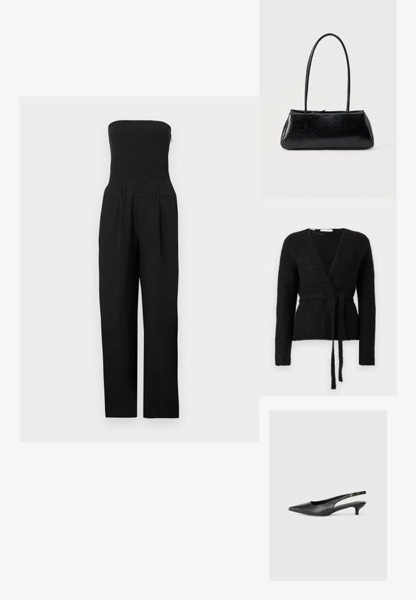 Zwarte strapless jumpsuit met nauwsluitend lijfje en wijde pijpen, gepresenteerd op een witte achtergrond.; Zwarte fluffy gebreide wikkelcardigan met lange mouwen en een bijpassende riem die in de taille is geknoopt, tentoongesteld op een witte achtergrond.; Zwarte puntschoen met slingback van soepel leer. Kenmerkt zich door een dunne hak en een gespdetail op de verstelbare band.; Zwarte rechthoekige schoudertas met lange dunne banden en een gladde, glanzende textuur op een effen achtergrond.