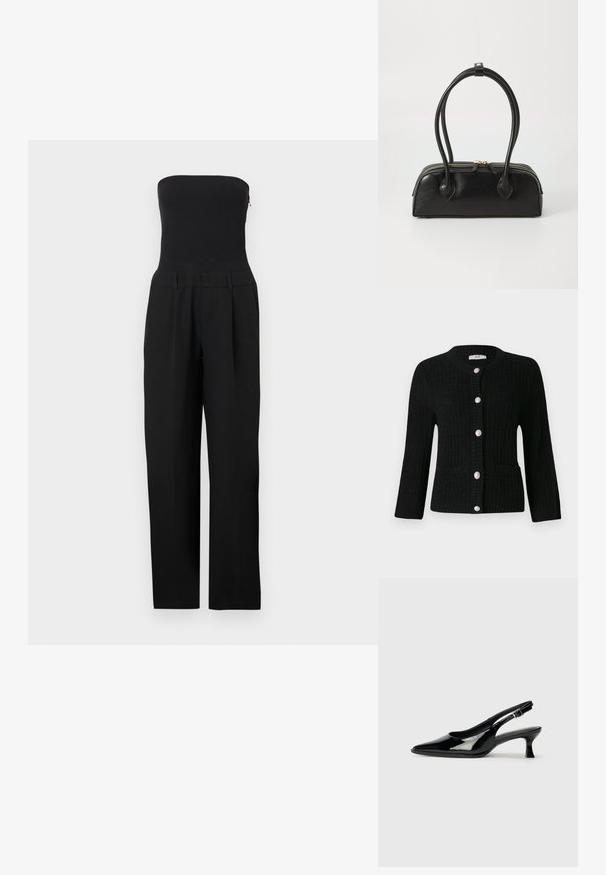 Čierny overal bez ramienok s prispôsobeným živôtikom a širokými nohavicami na bielom pozadí.; JDY JDYJANNE O NECK CARDIGAN - Kardigán - black; Čierne lakované kožené slingback topánky s ostrou špičkou a nízkym blokovým podpätkom. Nastaviteľný prackový popruh v oblasti členka.; Čierna kožená kabelka s dvoma predĺženými ušami, zipsovým uzáverom a zaobleným tvarom; hladký povrch s jemným lesklým nádychom.