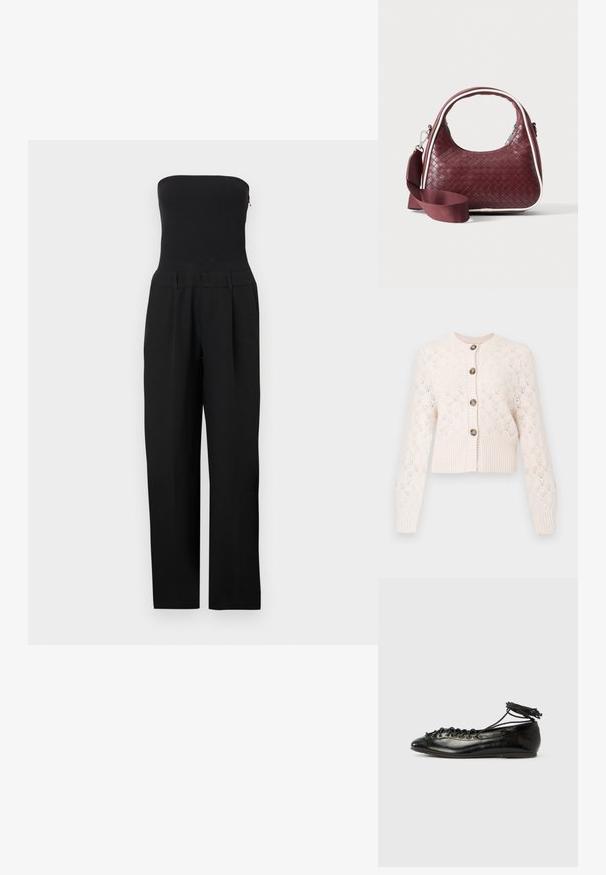 Sort stropløs jumpsuit med tætsiddende overdel og bukser med vide ben vist på en hvid baggrund.; Creme strikket cardigan med lange ærmer, knaplukning foran, ribbet kant og et delikat hulmønster i diamantform.; Sorte balletflade sko i laklæder med rundet tå, snørelukning og flad sål. Glat tekstur med få detaljer.; Mørkerød vævet lædertaske med buet hank, hvid kant, sølv lynlås og aftagelig bred stofskulderrem mod en ensfarvet baggrund.