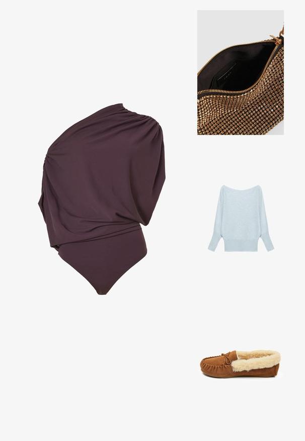 Donkerpaars asymmetrisch bodysuit met geplooide stofdetails en losse drapering boven.; Lichtblauwe trui met lange mouwen, brede boothals en geribbelde boorden en zoom, plat gelegd op een witte achtergrond.; Bruine suède slof met een fluffy crèmekleurig interieur en decoratieve gevlochten details op de teen. Gevoerde zool voor comfort.; Clutch bag met een zwart stoffen interieur, de buitenkant bedekt met gouden strass-steentjes, ritssluiting en een platte rechthoekige vorm.