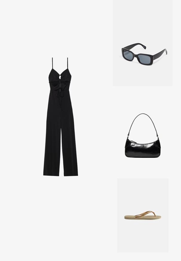 Schwarzer Jumpsuit mit dünnen Trägern, gerafftem Detail an der Brust, Schlüssellochöffnung und weitem Bein, aus einem glatten Stoff gefertigt.; Beige Flip-Flop-Sandale mit profilierter Sohle und bronzefarbenen, metallischen Y-förmigen Riemen vor schlichtem weißem Hintergrund.; Schwarze rechteckige Sonnenbrille mit dunkel getönten Gläsern, dickem Kunstrahmen und breiten Bügeln. Glatte Oberfläche und kantiges Design.; Schwarze, glänzende Lederschultertasche mit einem einzelnen Reißverschlussfach und einem dünnen, bogenförmig gebogenen Träger.