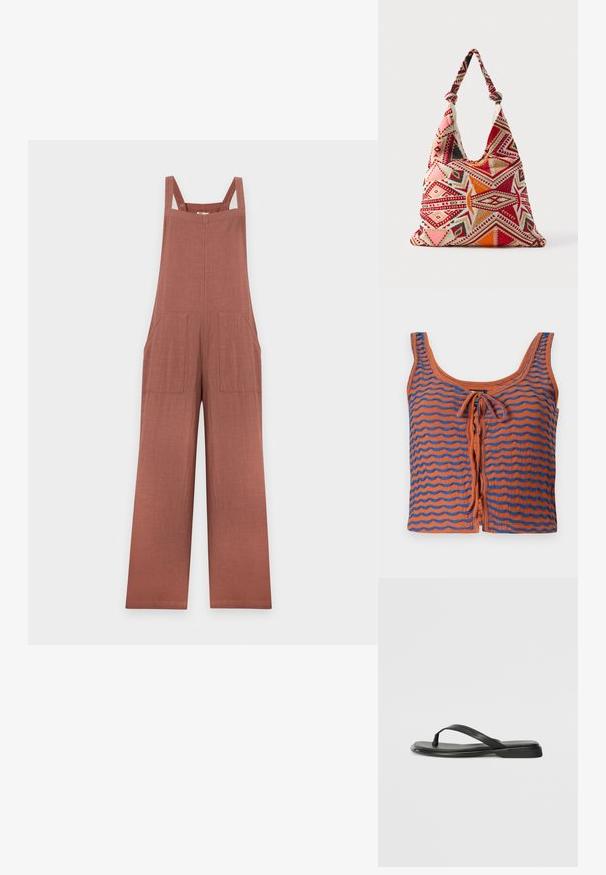 Roodbruine, mouwloze linnen overall met wijde pijpen, twee grote voorzakken en schouderbanden, weergegeven op een effen lichte achtergrond.; Oranje katoenen tanktop met blauwe golvende strepen, voorzien van een ronde hals en een strikdetail aan de voorkant. Gladde textuur, cropped ontwerp.; Zwarte teenflip-flop van glad leer, met een dunne band en een platte zool met een minimalistisch profiel. Geen opvallende patronen of accenten.; Geborduurde draagtas met een driehoekig patroon in rood, roze en oranje op een crèmekleurige achtergrond; heeft geknoopte banden en een zachte canvastextuur.