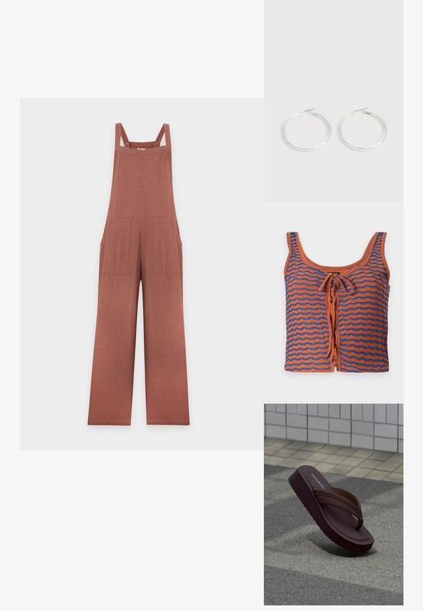 Roodbruine, mouwloze linnen overall met wijde pijpen, twee grote voorzakken en schouderbanden, weergegeven op een effen lichte achtergrond.; Oranje katoenen tanktop met blauwe golvende strepen, voorzien van een ronde hals en een strikdetail aan de voorkant. Gladde textuur, cropped ontwerp.; Bruine platte teenslipper met dikke banden rustend op asfalt nabij een betegelde rand.; Een paar glanzende zilveren oorringen met dunne draadafsluitingen, getoond op een lichtgrijze achtergrond.