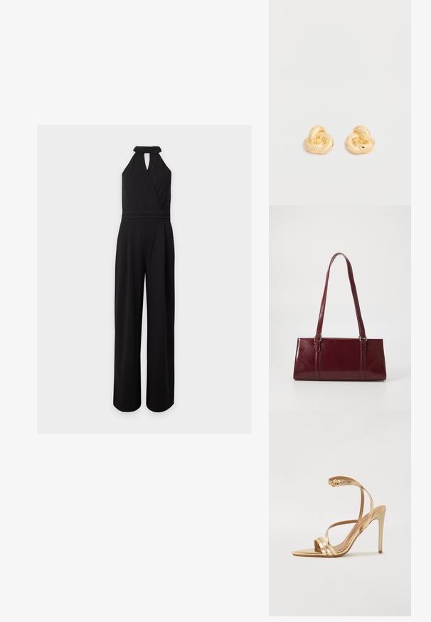 Ærmeløs sort buksedragt med brede ben, halterneck, v-formet slå-om front og nøglehulsudskæring under kraven. Ingen synlige accessories.; Even&Odd by Zalando Sandaler - gold; Bordeaux håndtaske lavet af glansfuldt materiale, rektangulær form, med to skulderremme og subtile buede detaljer på forsiden.; Par af skinnende ørestikker i guldfarvet knudeform på en ensfarvet hvid baggrund.