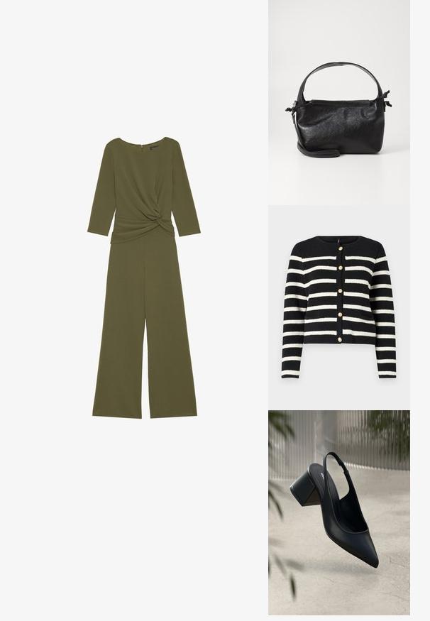 Combinaison vert olive en tissu doux, avec un détail de nœud torsadé à la taille, des manches trois-quarts et un pantalon à jambes larges.; Cardigan rayé noir et blanc avec un col rond, boutons dorés sur le devant et deux poches avant. Tissu en maille texturée.; Escarpin noir en cuir avec un bout pointu et un talon bloc. Texture lisse, design minimaliste et bride de cheville réglable.; Sac à main en cuir noir au design structuré, avec une poignée arrondie et une bandoulière amovible. Présente une texture lisse et un éclat subtil.