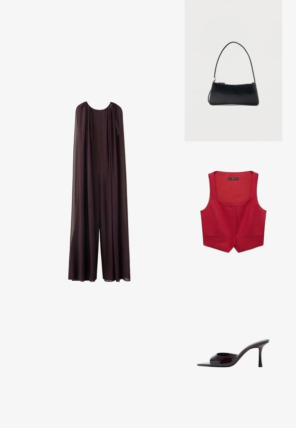 Mono sin mangas de color púrpura oscuro con piernas anchas y capa transparente que cae desde los hombros hacia los lados.; Chaleco sin mangas rojo hecho de tela, con cuello redondeado, cierre de botón único en la parte delantera y dos bolsillos laterales.; Mule negra de charol con puntera abierta, tacón stiletto delgado de altura media y correa superior de corte bajo.; Bolso rectangular negro con una correa fina y cierre de cremallera, sobre un fondo blanco liso.