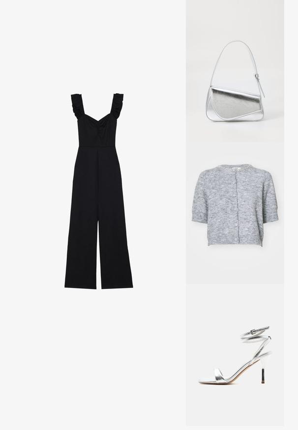 Zwarte jumpsuit met brede benen, ruches op de schouderbanden en een gathered detail bij de bust. Gemaakt van een zachte stof met een gladde textuur.; Grijze cardigan met korte mouwen, een gestructureerde brei, een ronde halslijn en een versierde kraag. Voorzien van knopen aan de voorkant en ribgebreide manchetten.; Zilveren sandaal met hoge hak en enkelbandjes die rond de enkel wikkelen, met een dunne stilettohak, zijaanzicht op een witte achtergrond.; Zilveren metalen handtas met een driehoekige vorm, gladde textuur en een dunne, verstelbare schouderriem. Kenmerkt zich door een omklapbaar ontwerp met stiksels.