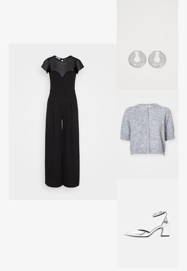 Zwarte jumpsuit met korte, doorschijnende mouwen, een sweetheart-halslijn en een broek met wijde pijpen. Stof lijkt glad met lichte plooien aan de voorkant.; Grijze cardigan met korte mouwen, een gestructureerde brei, een ronde halslijn en een versierde kraag. Voorzien van knopen aan de voorkant en ribgebreide manchetten.; Zilverkleurige metalen lage blokhak schoen met puntige neus en enkelbandje met gesp op witte achtergrond.; Zilveren hoepeloorbellen versierd met meerdere heldere kristalaccenten, met een gestructureerd oppervlak en een open cirkelvormig ontwerp.
