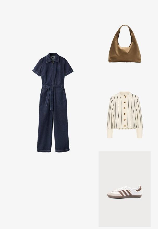 Donkerblauwe denim jumpsuit met korte mouwen, rits aan de voorkant, wijde pijpen, riem en kraag.; Crèmekleurig gebreid vest met zwarte verticale strepen en zes bruine schildpadknopen aan de voorkant, voorzien van lange mouwen en geribbelde boorden.; Witte Adidas Samba sneaker met bruine suède strepen, bruine rubberen zool en beige suède neuskap, getoond vanaf de buitenkant op een effen achtergrond.; Bruine stoffen schoudertas met een brede, ronde vorm en een grote uitsnede handvat. Zachte textuur, minimalistisch ontwerp en geen zichtbare hardware.