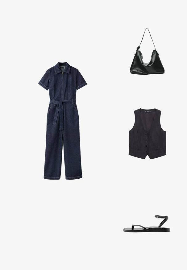 Mørkeblå denim jumpsuit med korte ærmer, frontlynlås, vide ben, bælte og krave.; Mørkegrå rugbrystvorte med V-hals, seks forreste knapper og to sidelommer. Lavet af glat stof med en skræddersyet pasform.; Sort flad sandal med tynde remme, tåloop og anklerem med en lille rund spænde, vist i sideprofil.; Sort læder skuldertaske med en enkelt tynd rem og lynlåslukning, vist mod en hvid baggrund.