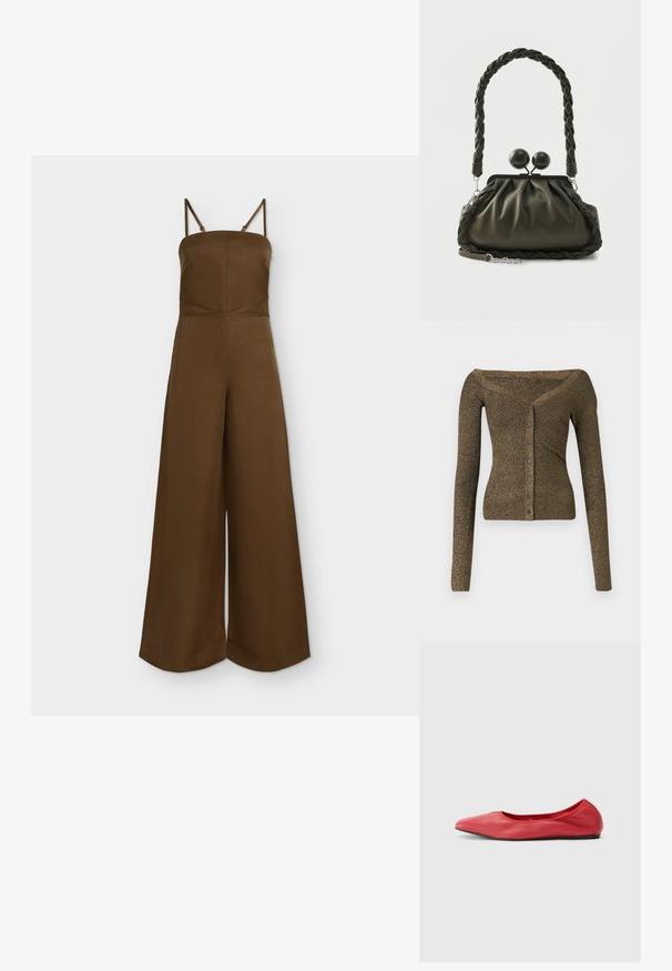 Brun jumpsuit med vide ben, tynde justerbare skulderstropper og en tætsiddende, lige halsudskæring.; Af- skulderen, langærmet cardigan i metallisk olivengrøn strik, med knapfront og ribbet tekstur. Slim fit med subtil glans.; Filippa K REY FLATS - Ballerinasko - bright red; Olivengrøn læderhåndtaske med flettet håndtag og sølvhardware, med en samlet design og runde låsedetaljer på toppen.
