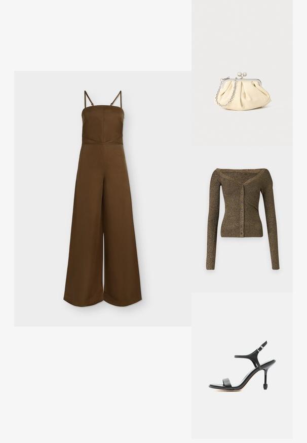 Brun jumpsuit med vide ben, tynde justerbare skulderstropper og en tætsiddende, lige halsudskæring.; Af- skulderen, langærmet cardigan i metallisk olivengrøn strik, med knapfront og ribbet tekstur. Slim fit med subtil glans.; Sort læder sandal med høje hæle, tynde stropper, åben tå og justerbar ankelspænde, vist mod en ensartet hvid baggrund.; Plisseret beige læderclutch med en sølvmetalramme, der har to runde dekorative låse og en sølvkædetrasporte.