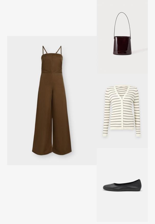 Combinaison marron à jambes larges avec fines bretelles réglables et encolure droite ajustée.; Cardigan crème côtelé à manches longues, rayures horizontales marron, col en V, et boutons sur le devant.; Ballerines en cuir noir avec un bout rond, texture lisse, détails de couture minimalistes et design de semelle flexible.; Sac seau brun foncé brillant avec une longue sangle fine et des coutures visibles minimales sur un fond clair.