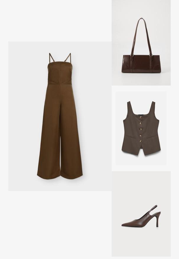 Combinaison marron à jambes larges avec fines bretelles réglables et encolure droite ajustée.; Gilet marron sans manches avec un col carré, cinq boutons sur le devant et deux poches fendues horizontales sur fond blanc.; Chaussure à talon haut slingback en cuir marron à bout pointu avec talon stiletto fin sur fond clair uni.; Sac à main en cuir verni marron de forme rectangulaire, avec deux longues poignées et des accents courbés subtils à l'avant.