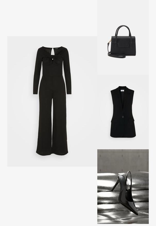 Even&Odd Jumpsuit - black; Zwarte mouwloze vest met een op maat gemaakt ontwerp, voorzien van een enkele knoopsluiting, gestructureerde revers en zijzakken.; Glanzende zwarte slingback pump met hoge hak, gebalanceerd op een glanzend zilverkleurig metalen kussen met een gladde textuur.; Zwarte gestructureerde handtas van leer met een bovenhandvat, een afneembare schouderriem en een voorflapdetail. Gouden hardwareaccenten.