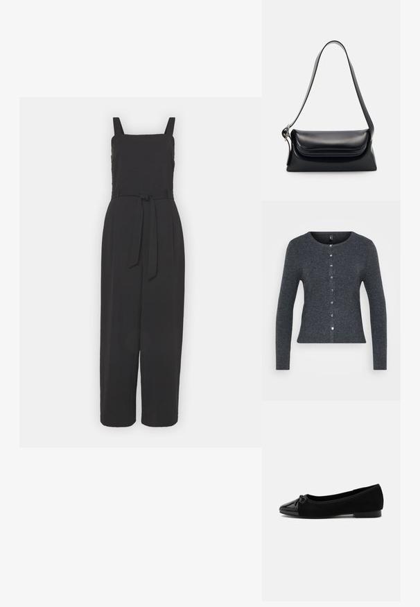 Musteline must jumpsuit ruudukujulise kaelusega, õlavarre rihmad, reguleeritav nöörivöö vöökohal ja laiad sääred. Pehme materjal sujuva tekstuuriga.; Tumehall villane kardigan ümmarguse kaelusega, pikad varrukad ja esine nööbikinnitus. Omab hõbedasi nööpe ja on lihvitud disainiga.; Mustad baleriinakingad lakknahast varbale, väikese lipsu detaili ja madala kontsaga valgel taustal.; Mustriga musta nahast käekott, millel on struktuurne kuju, sile tekstuur ja üks õlarihm. Omab peent, ümarat klappi.