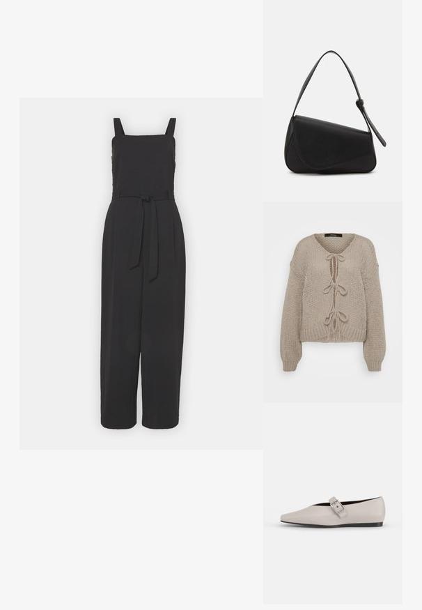 Sort jumpsuit med firkantet udskæring, skulderstropper, justerbart bælte i taljen og vidde ben. Blødt materiale med en glat tekstur.; Beige strikket cardigan med V-udskæring, der har frontbindinger, lange ærmer og ribbede manchetter. Blød tekstur og hyggeligt design.; Beige læder flad sko med spidse tæer, en sidelukning som accent og en lav sort sål. Glat tekstur og minimalistisk design.; Sort læderhåndtaske med en triangular form, skrå klap og et rundt håndtag. Har en glat overflade og minimalistiske design detaljer.