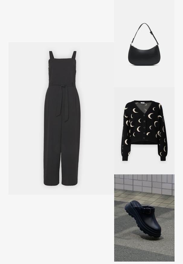 Sort jumpsuit med firkantet udskæring, skulderstropper, justerbart bælte i taljen og vidde ben. Blødt materiale med en glat tekstur.; Noisy May NMCHARLOTT V-NECK CARDIGAN - Cardigan - black; Sort slip-on træsko med tyk rillede sål og justerbar rem, placeret over asfalt med flisebelagt væg i baggrunden.; Pieces PCALUANA SHOULDER BAG - Håndtasker - black