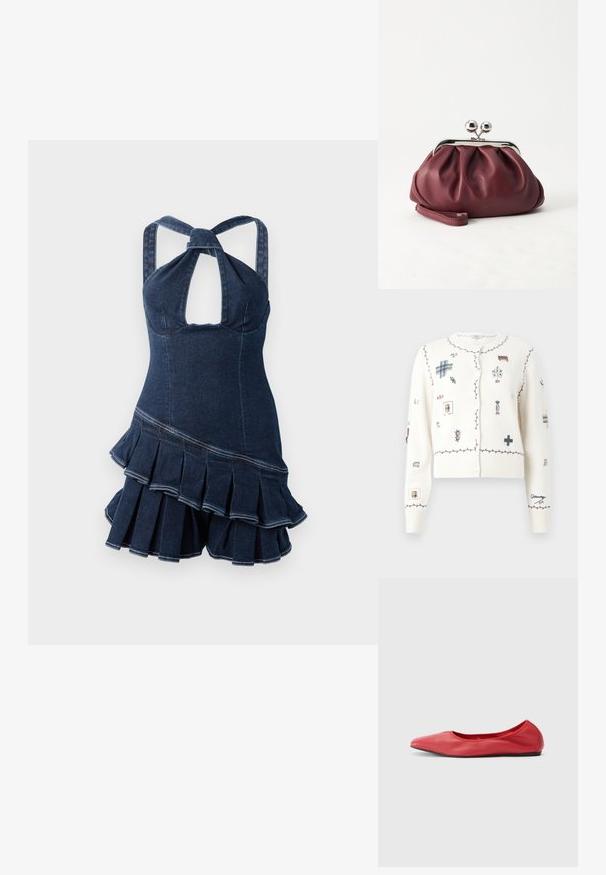 Denim halter dress with a keyhole neckline, fitted bodice, and flared ruffled hem. Dark blue fabric with visible stitching details.; White button-up cardigan with burgundy stitched borders and various small embroidered symbols and letters in blue, burgundy, and beige.; Filippa K REY FLATS - Ballet pumps - bright red; Small burgundy leather clutch purse with silver metal clasp and wrist strap on a white background.