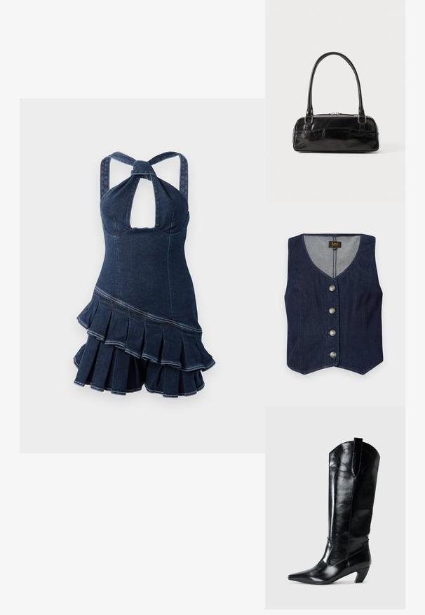 Vestido de tirantes de mezclilla con escote en forma de ojo de cerradura, corpo ajustado y dobladillo acampanado con volantes. Tejido azul oscuro con detalles de costura visibles.; Chaleco de mezclilla oscura con escote en V, cinco botones metálicos y un diseño ajustado. Presenta un dobladillo recto y forro interior en una tela más clara.; Botas de cuero negras hasta la rodilla con punta afilada, tacón bajo y detalle de costura decorativa en los laterales. Acabado suave y brillante.; Bolso de mano de cuero negro con forma rectangular, equipado con un asa estructurada, herrajes en plata y cierre de cremallera. Textura suave.