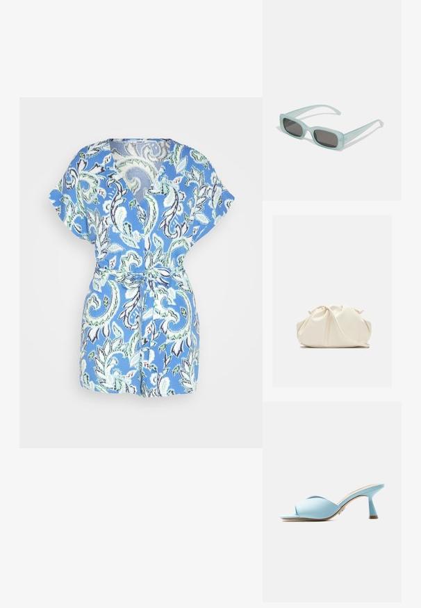 ONLY ONLNOVA LIFE HOLLY - Combinaison - dazzling blue/soft boho; Mule bleu clair à bout ouvert avec des brides larges croisées et un talon mi-hauteur évasé, présenté de profil sur fond blanc.; Une paire de lunettes de soleil rectangulaires avec des montures translucides bleu clair et des verres gris foncé, présentant des branches droites et des détails matériels minimaux.; Pochette en cuir souple couleur crème avec un design froncé et une fine bandoulière reposant à l’avant sur un fond uni.