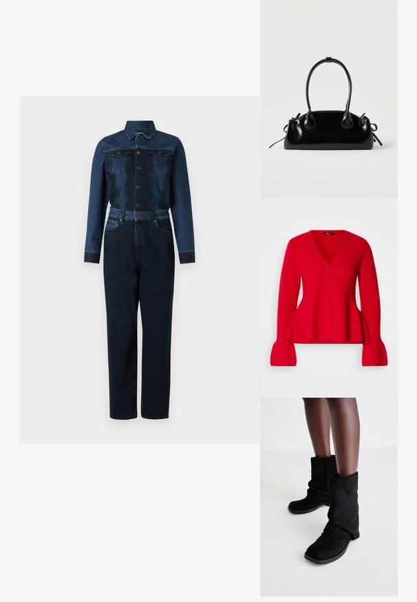 Denim-Overall in dunkler blauer Farbgebung, mit langen Ärmeln, durchgehender Knopfleiste, Kragen und tailliertem Gürtel sowie zwei Brusttaschen.; Roter Strickcardigan mit V-Ausschnitt, Knopfverschluss und Peplum-Saum. Verfügt über gerippte Ärmel und eine weiche Textur.; Schwarze Wildleder-Ankle Boots mit einem lässigen Design, flacher Sohle und quadratischer Zehenpartie, präsentiert auf dunklen Beinen vor einem hellen Hintergrund.; Kleine schwarze glänzende Handtasche mit zwei langen Griffen und seitlichen Kordelzug-Details vor einfachem hellem Hintergrund.