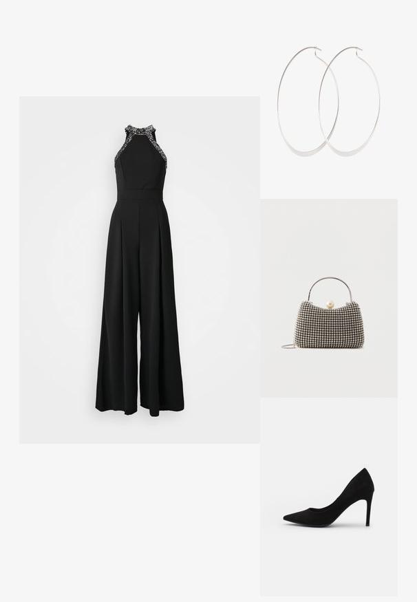 Mono negro con diseño de cuello halter, con ribetes adornados. Silueta de pierna ancha con detalles plisados en la parte delantera.; Zapato de tacón alto de ante negro con punta afilada, textura suave y tacón de aguja delgado. Diseño clásico con una silueta elegante.; Pequeño bolso de mano con patrón de cuadrícula plateada, asa curva, gran cierre de perla y una delgada correa de cadena plateada sobre un fondo liso.; Pendientes de aro plateados con un diseño delgado y suave; forma ovalada alargada; acabado pulido; presentan un cierre de gancho seguro.