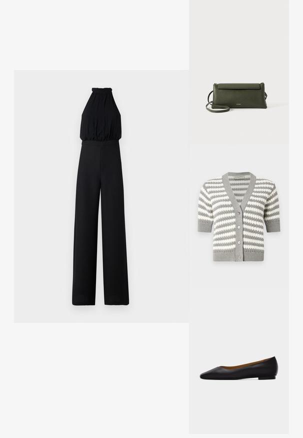 Sort jumpsuit med halterneck-design, samlede brystparti og brede ben. Lavet af blødt stof, med en glat tekstur og minimal detaljering.; Grå og hvidstribet cardigan med korte ærmer, V-udskæring og fem knapper. Strikket tekstur med ribbede kanter.; Sort læder flad sko med spids tå, lav hæl og glat finish, vist fra siden på en lysegrå baggrund.; Mørkegrøn struktureret læder crossbody taske med klaplukning og tynd justerbar rem, præget med lille guld "Bee Projects" logo.