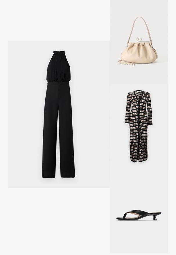 Sort jumpsuit med halterneck-design, samlede brystparti og brede ben. Lavet af blødt stof, med en glat tekstur og minimal detaljering.; Lang cardigan med sort bund og zigzag mønstre i brun og creme. Lavet af en let strik med knapper ned foran.; Sort læder-tå-sandal med lav lille hæl og let firkantet tå på ensfarvet lysegrå baggrund.; Beige blød læderhåndtaske med en sølv metalramme-lukning, enkelt skulderstrop og en valgfri kæderem på en hvid baggrund.