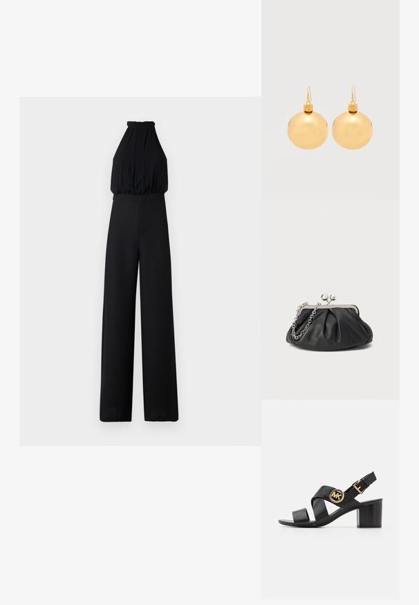 Sort jumpsuit med halterneck-design, samlede brystparti og brede ben. Lavet af blødt stof, med en glat tekstur og minimal detaljering.; Sorte lædersandaler med krydssnor og et rundt MK-logo. Blokhælen har en mellemstor højde, som giver stabilitet og et elegant design.; Sort læder clutch med samlet tekstur, sølvfarvet metalramme, kys-lås lukning og kædestrop. Glat, blød overflade.; Par af skinnende gyldne julekugleøreringe med krog-lukninger på en ensfarvet hvid baggrund.