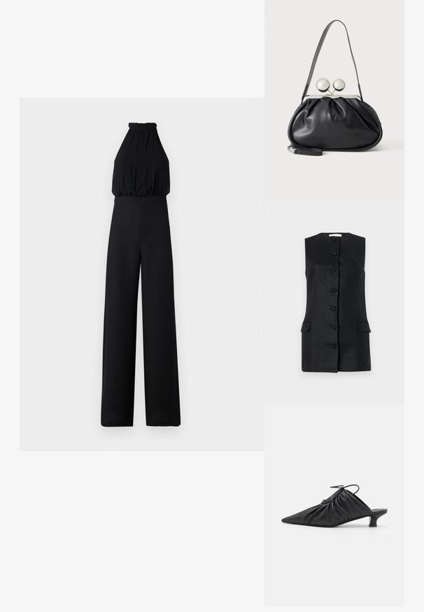 Mustmust meeteri ja laia jalgadega must jumpsuit, millel on kaela sidumise disain ja kokku kogutud bodice. Valmistatud pehmest kangast, mis on sileda tekstuuriga ja minimaalsete detailidega.; Riideta must vest, mis on valmistatud tekstuuriga kangast, sirge lõikega, kuue nupuga ja kahe esilise taskuga. Lihtne ja struktureeritud disain.; Mustad nahast libisemisega mullingud terava varbaga, volditud tekstuuriga ja väikese kitinõelaga. Omab tõmbluku detaili avas.; Mustast nahast käekott kogutud disainiga, ühe rihmaga, hõbedase metallraamiga ja kahe suure ümmarguse hõbedase klambriga.