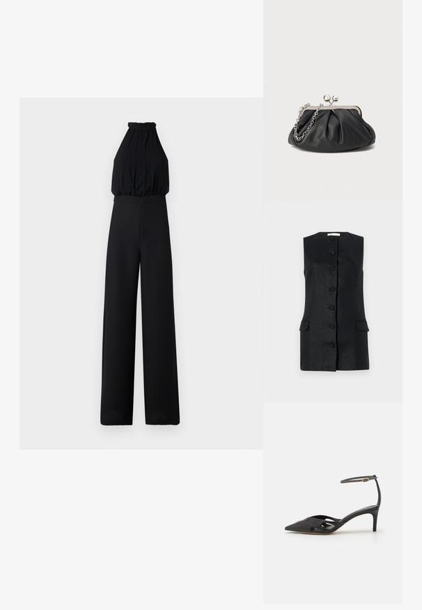 Sort jumpsuit med halterneck-design, samlede brystparti og brede ben. Lavet af blødt stof, med en glat tekstur og minimal detaljering.; Sød løstsiddende sort vest uden ærmer lavet af tekstureret stof, med en lige skæring, seks knapper og to forlommer. Simpelt og struktureret design.; Sort læder højhælet sko med spids tå, åbne sider og en tynd ankelrem med en lille guld detalje.; Sort læder clutch med samlet tekstur, sølvfarvet metalramme, kys-lås lukning og kædestrop. Glat, blød overflade.