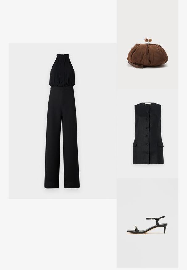 Schwarzer Jumpsuit mit einem Halterneck-Design, gerafftem Oberteil und weit geschnittenen Hosenbeinen. Hergestellt aus weichem Stoff, zeichnet sich durch eine glatte Textur und minimalistische Details aus.; Ärmellose schwarze Weste aus strukturiertem Stoff, mit geradem Schnitt, sechs Knöpfen und zwei vorderen Taschen. Einfaches und strukturiertes Design.; Schwarze Leder-Sandale mit Absatz und Knöchelriemen, offenem Zehenbereich, quadratischer Vorderseite und silbernen Metallakzenten. Eng anliegendes Design mit schlanker Silhouette.; Weiche braune Wildleder-Handgelenktasche mit silbernem Metallrahmen und runden braunen Verschlusskugeln auf schlichtem hellem Hintergrund.