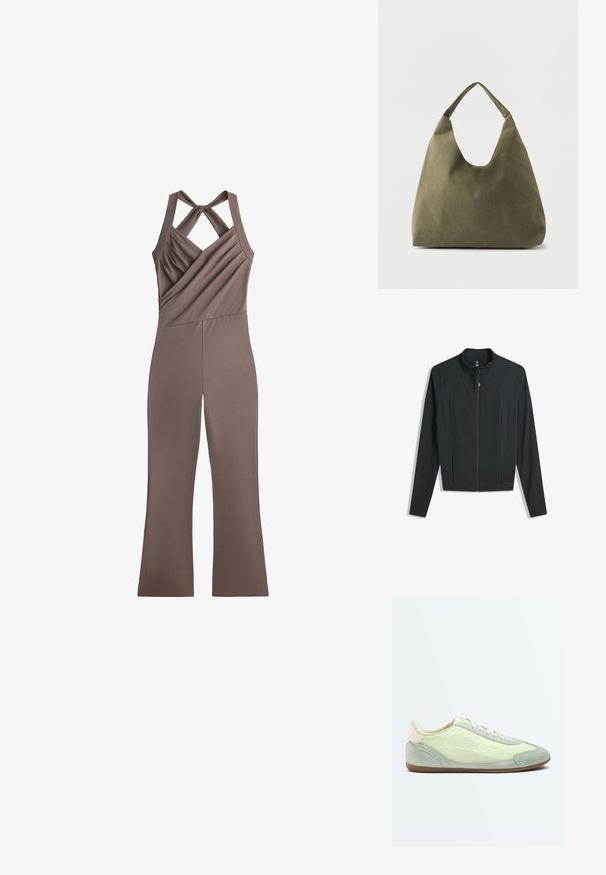 Brun ærmeløs jumpsuit med krydsede stropper, rynket overdel, diagonal søm og bukser med vide ben.; Sort zip-jakke med lange ærmer, der har en høj krave og sidelommer. Glat stof med en tætsiddende pasform og uden synlige mønstre.; Lavprofileret sneakers med lysegrønt stofoverdel, grå ruskind på tå og hæl, hvide snørebånd og brun gummisål, vist i profil på hvid baggrund.; Olivengrøn skuldertaske i blødt læder med en bred, enkelt strop og en afslappet, ustruktureret form på en lys baggrund.