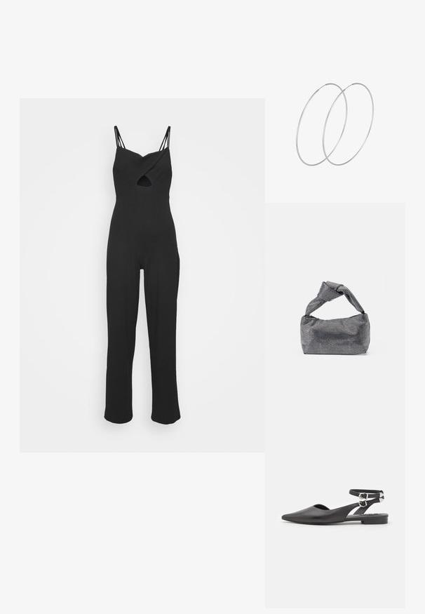 Even&Odd Petite Jumpsuit - black; Schwarze Lederflats mit spitzem Zeh, Knöchelriemen und Schnallen-Detail. Verfügt über einen kleinen, niedrigen Absatz und ein offenes Seitendesign.; Schwarz-silberne Handtasche mit einer strukturierten Oberfläche, die ein Diamantmuster aufweist, einem geknoteten Griff und einer strukturierten Form.; Silberne Creolen mit minimalistischem Design. Rundform, glatte Oberfläche und dünnes Profil. Leichtgewichtig mit hochglänzender Oberfläche.