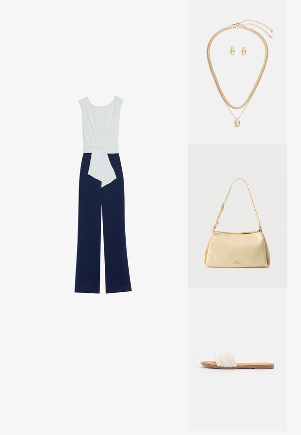Mono azul marino con un cuerpo ajustado blanco, pantalones anchos y un cinturón en la cintura. Tejido suave con un contorno limpio y un diseño minimalista.; Sandalia deslizante blanca tejida con textura trenzada y cuentas decorativas, que cuenta con una plantilla suave en tono marrón y suela plana de goma.; Bolso de hombro beige rectangular con correa ajustable y cierre de cremallera, con un pequeño logo "Anna Field" en el centro frontal.; Conjunto de joyería de oro que incluye un collar de capas con un colgante en forma de gota y pendientes de botón a juego, todo con un acabado pulido.